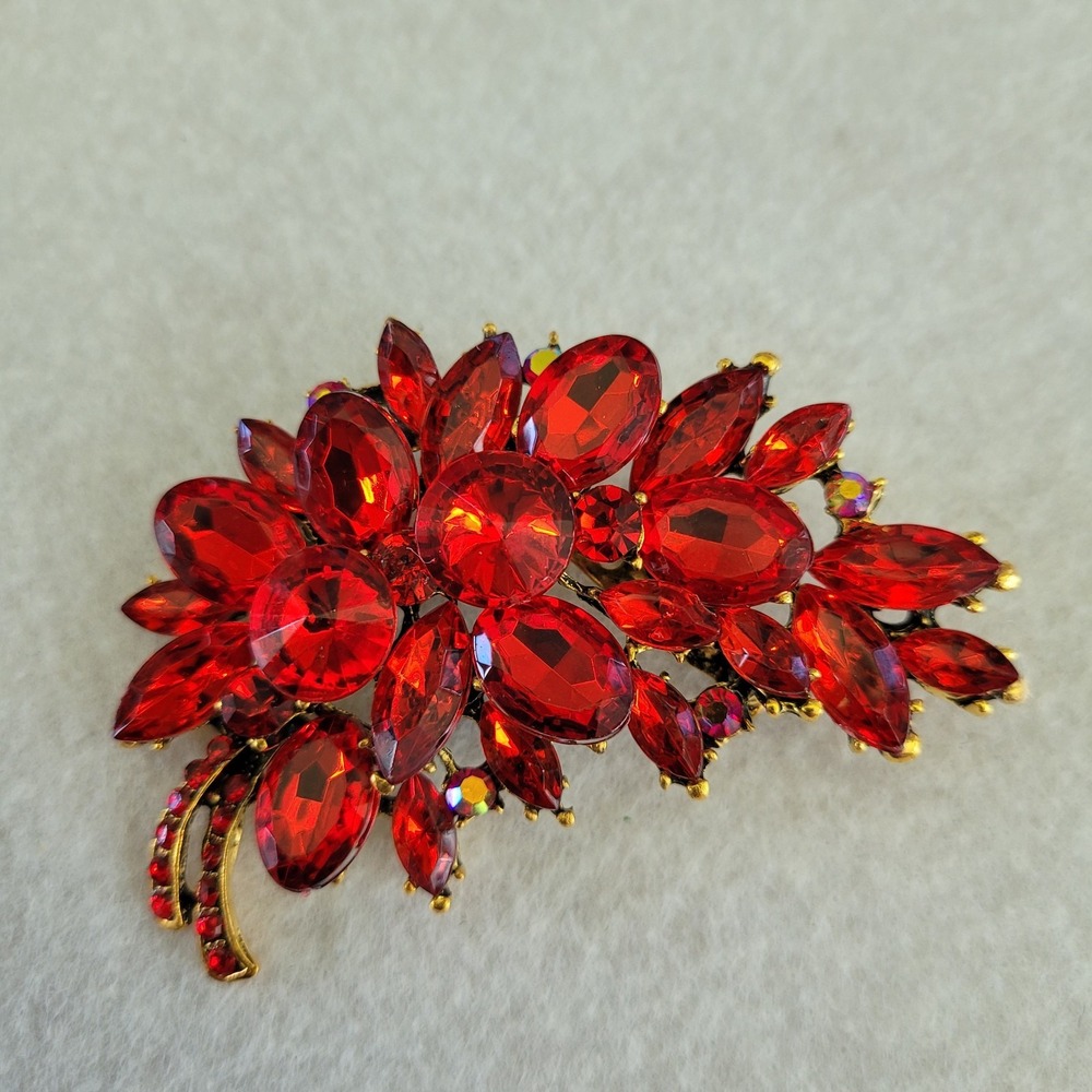 Red Rhinestone Floral Brooch Gold Tone Statement Flower Spray Pin